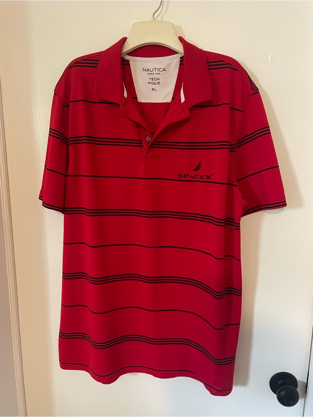 Nautica Red Polo Shirt with Black Stripes and SpaceX Logo